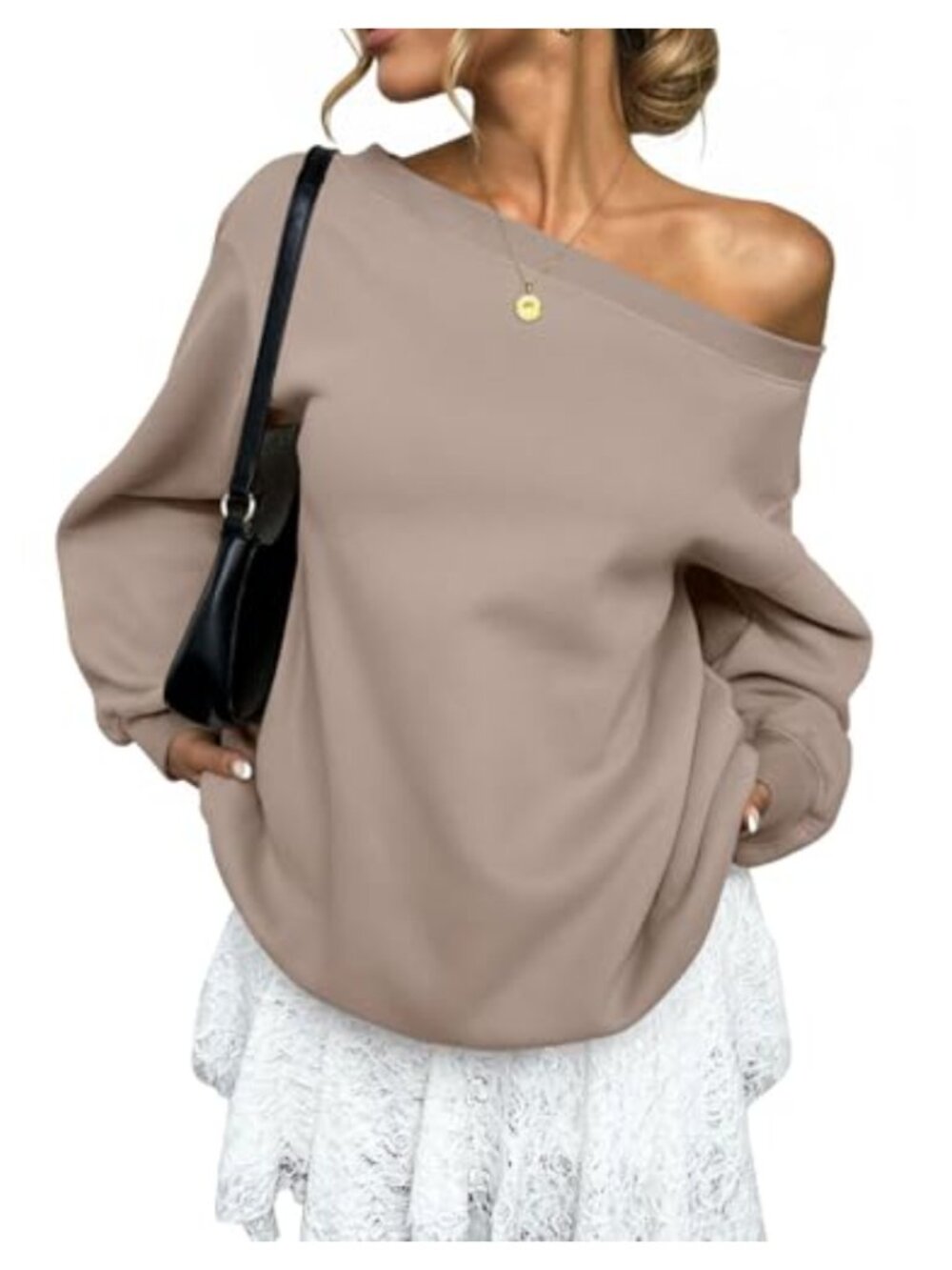 Womens Fleece Lined Off Shoulder Oversized Sweatshirt Pullover